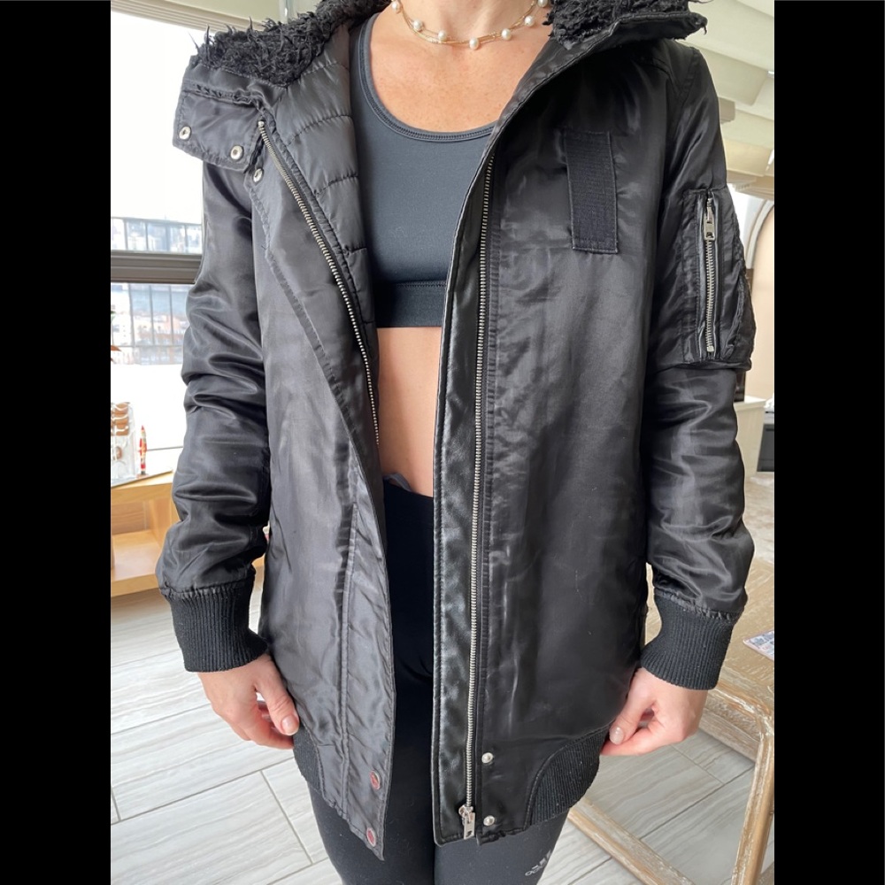 Zara Hooded Full Zip Bomber Jacket Black XS